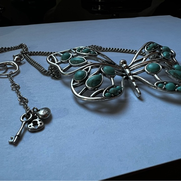 🦋 Fossil - Turquoise Butterfly Statement Necklace Silver Tone Boho Western - Picture 4 of 8